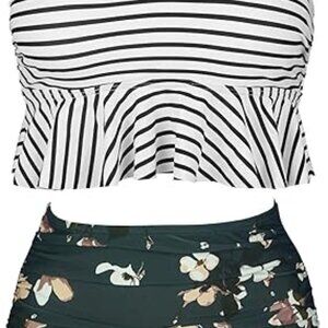 COCOSHIP Striped black and white top with high waist floral bottom